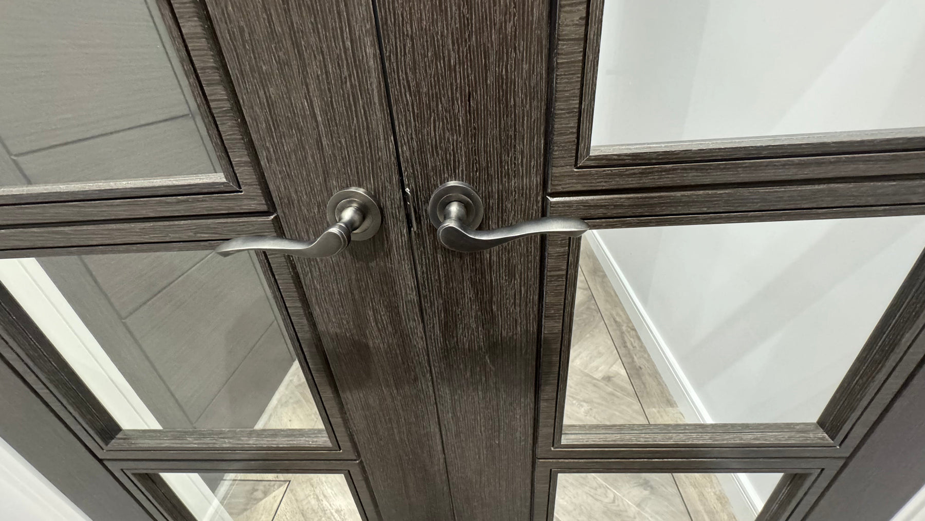 Modern FSC certified glass double doors, pre-finished, 10 year warranty, Deanta LPD Atlantic, UK Sheffield Chesterfield Derby