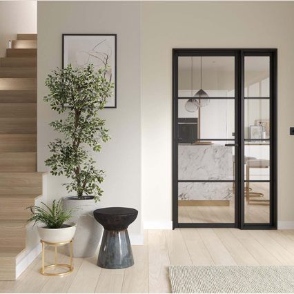 Modern hallway in UK home, oak stairs, black frame double door, Deanta LPD Atlantic, FSC certified, pre-finished, 10 year warranty, Sheffield Chesterfield Derby