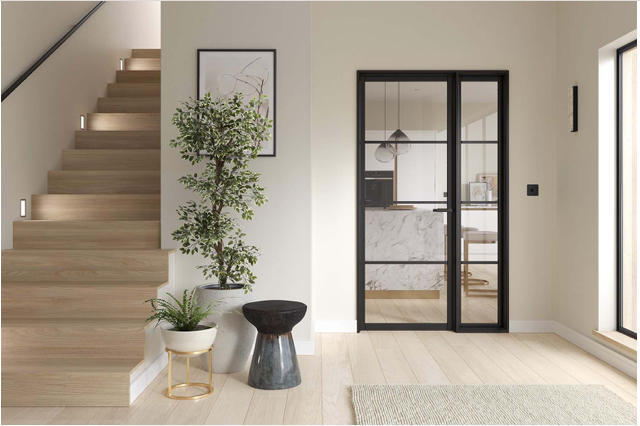Modern hallway in UK home, oak stairs, black frame double door, Deanta LPD Atlantic, FSC certified, pre-finished, 10 year warranty, Sheffield Chesterfield Derby