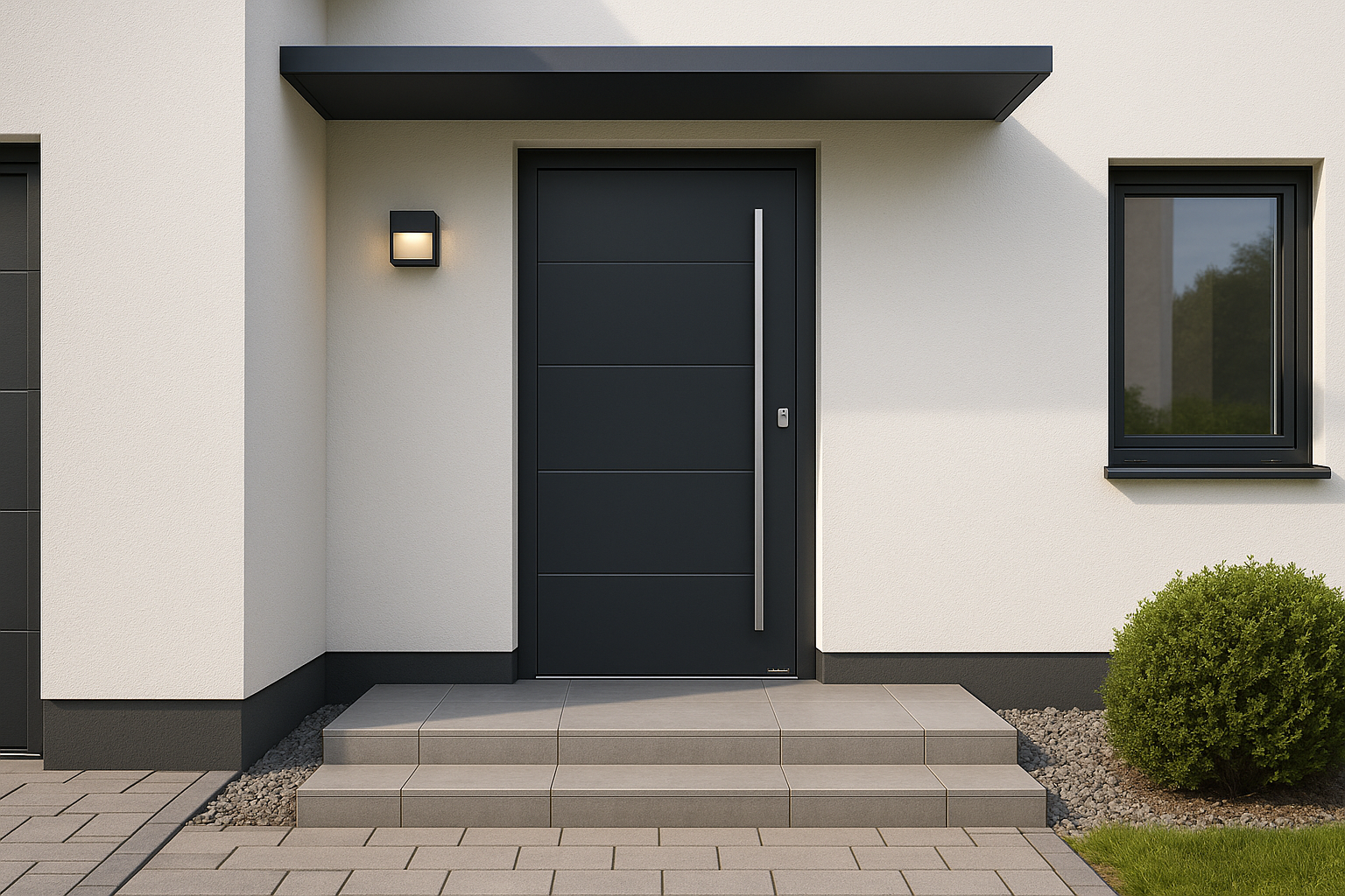 Modern black external door with long handle, steps, sidelight, for UK homes in Sheffield, Chesterfield, Derby. Suitable for Deanta, LPD, Atlantic, FSC certified, pre-finished, 10 year warranty.