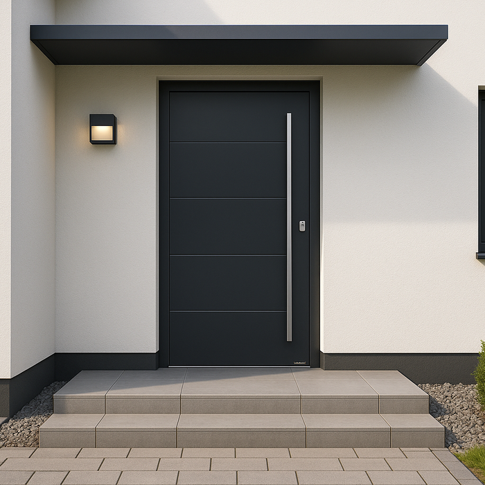 Modern black external door with long handle, steps, sidelight, for UK homes in Sheffield, Chesterfield, Derby. Suitable for Deanta, LPD, Atlantic, FSC certified, pre-finished, 10 year warranty.