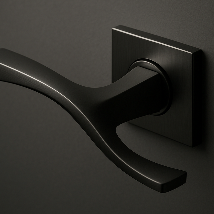 Modern black door handle on matte door, ideal for UK, Sheffield, Chesterfield, Derby homes