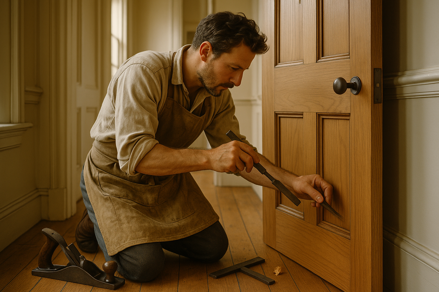 Craftsman adjusting wooden door knob height, oak FSC certified door, UK Sheffield Chesterfield Derby, Deanta LPD Atlantic vendor