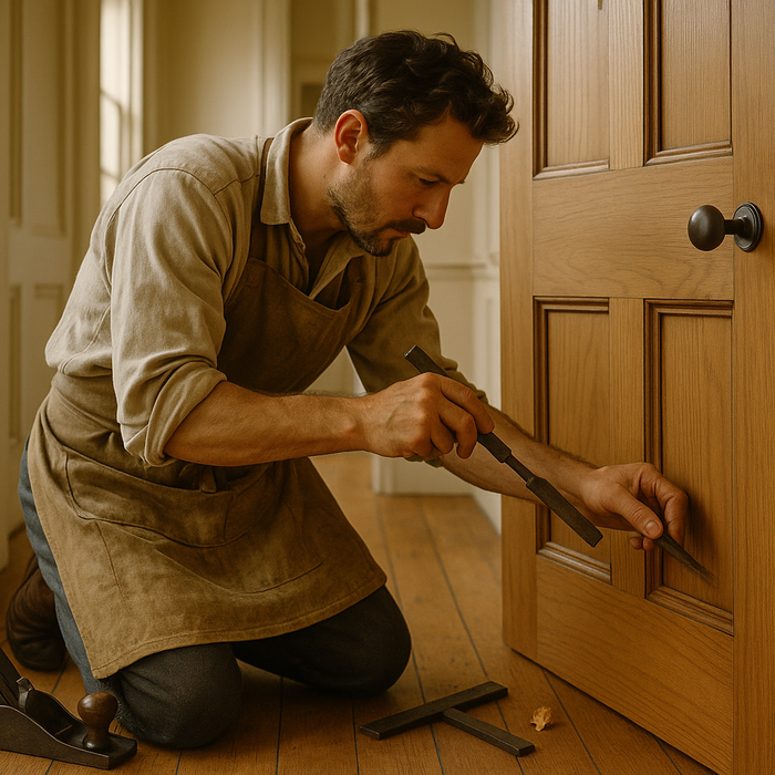 Craftsman adjusting wooden door knob height, oak FSC certified door, UK Sheffield Chesterfield Derby, Deanta LPD Atlantic vendor