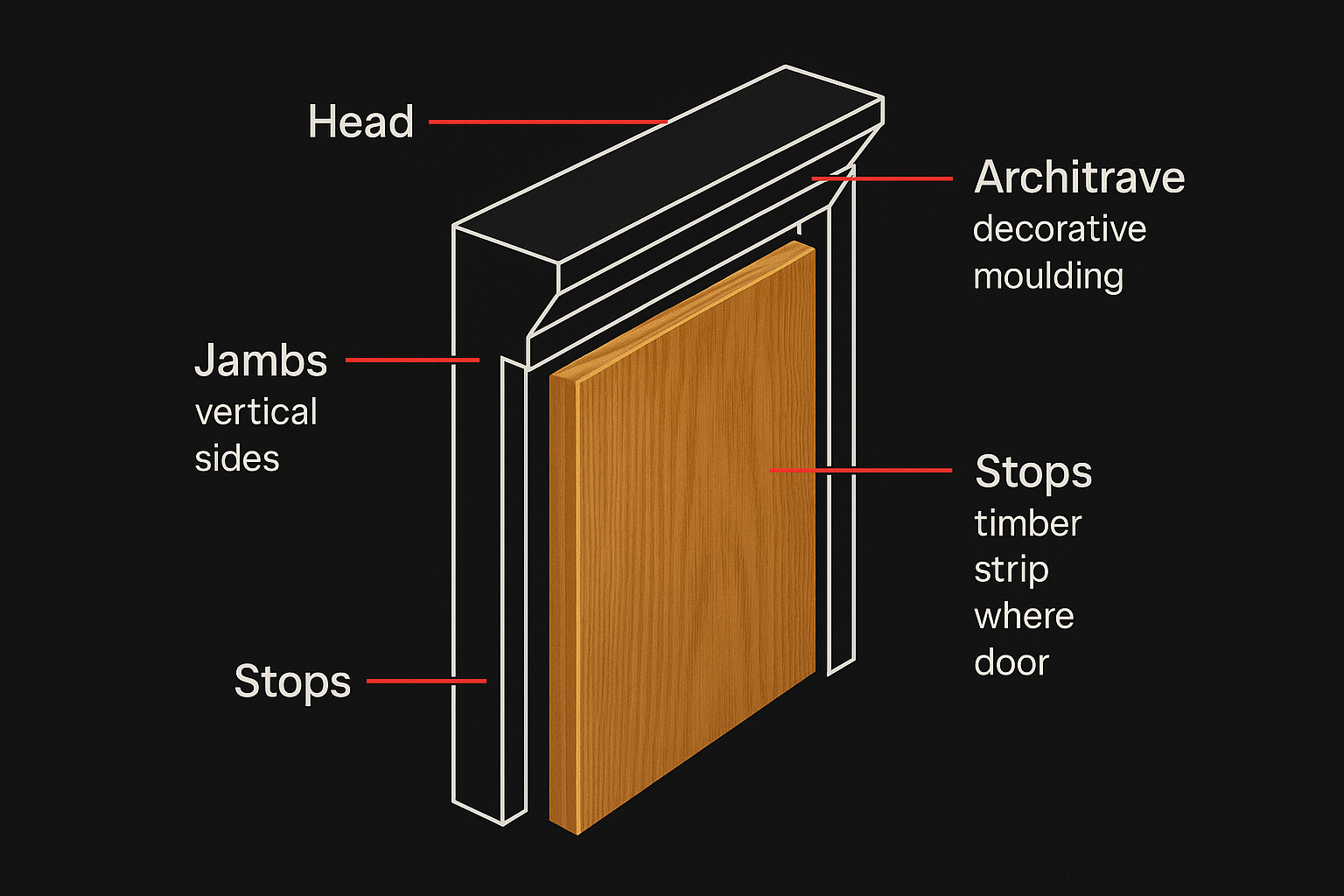 Door frame diagram with labelled parts—head, jambs, stops, architrave; ideal for Deanta, LPD, Atlantic FSC certified pre-finished doors with 10 year warranty in UK, Sheffield, Chesterfield, Derby.