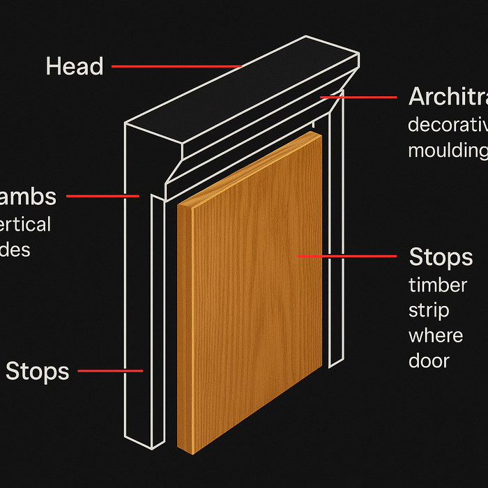 Door frame diagram with labelled parts—head, jambs, stops, architrave; ideal for Deanta, LPD, Atlantic FSC certified pre-finished doors with 10 year warranty in UK, Sheffield, Chesterfield, Derby.