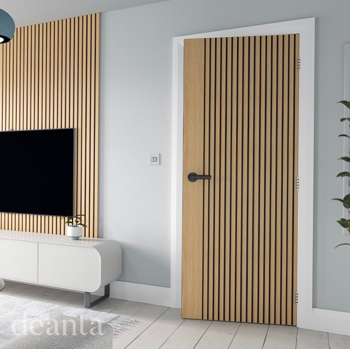 Deanta pre-finished oak slatted door with black handle, modern lounge, FSC certified, UK Sheffield Chesterfield Derby, 10 year warranty.