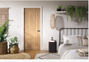 FSC certified pre-finished wooden door in modern Sheffield bedroom, Deanta, LPD, Atlantic, 10 year warranty