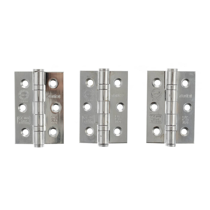 Atlantic CE Fire Rated Grade 7 Ball Bearing Hinges 3" x 2" x 2mm set of 3 - Polished Chrome