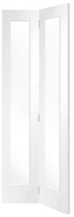 White Pattern 10 Bi-Fold Clear Glass Primed Internal Door