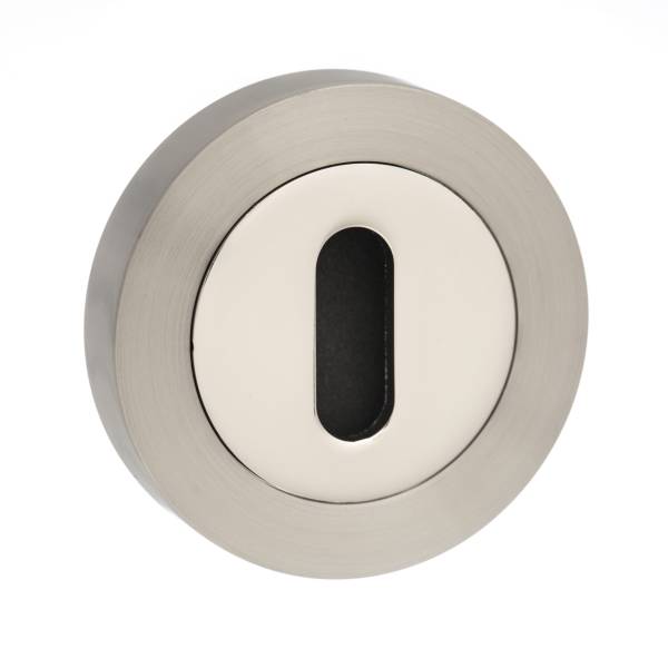 STATUS Key Escutcheons on Round Rose - Satin Nickel/Nickel Plate