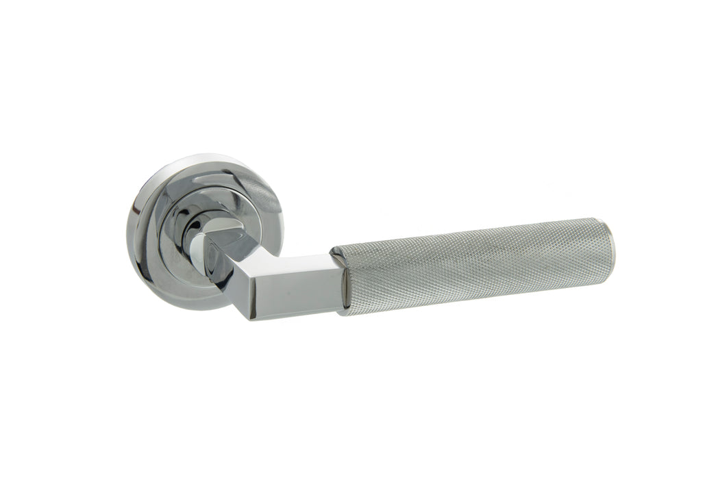 Millhouse Brass Cartwright Knurled Lever Door Handle on Round Rose - Polished Chrome