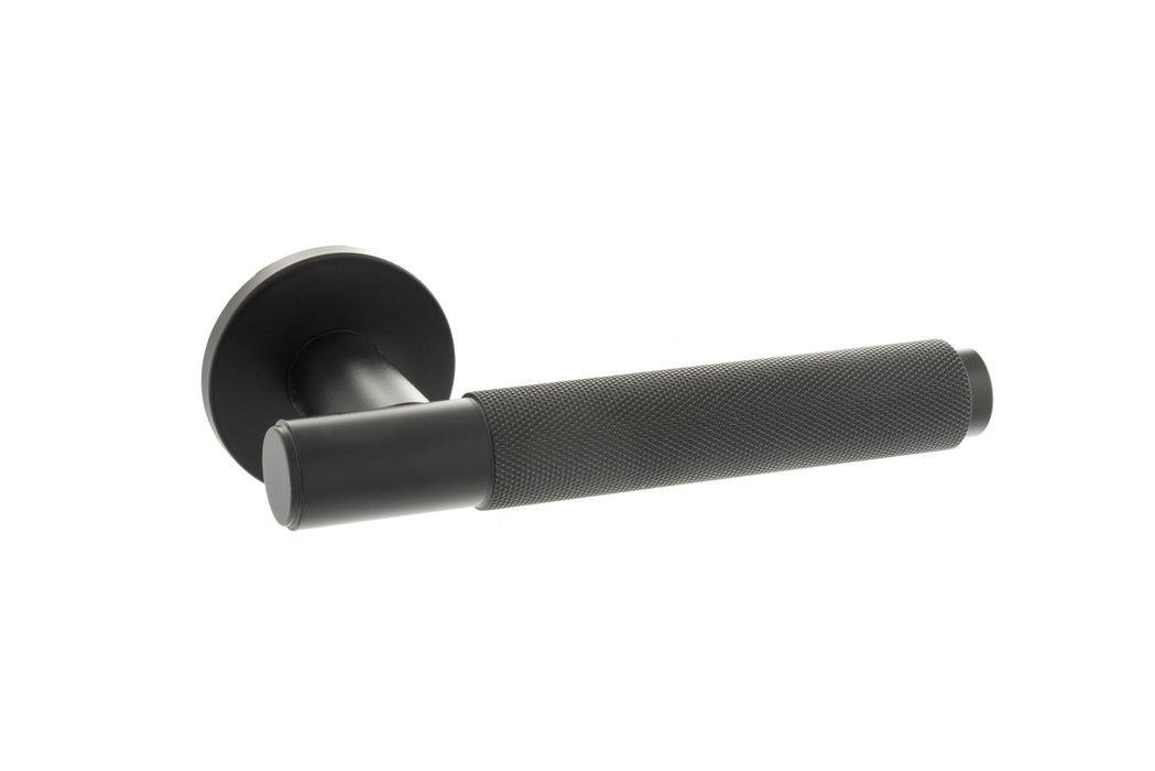 Millhouse Brass Crompton Knurled Lever Door Handle on 5mm Slimline Round Rose - Matt Black