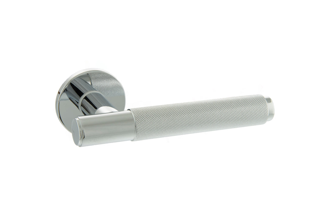 Millhouse Brass Crompton Knurled Lever Door Handle on 5mm Slimline Round Rose - Polished Chrome