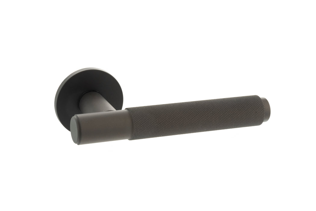 Millhouse Brass Crompton Knurled Lever Door Handle on 5mm Slimline Round Rose - Urban Dark Bronze