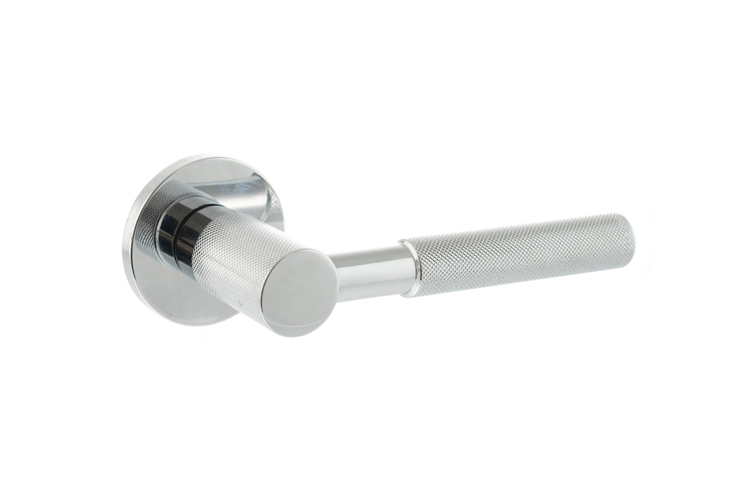 Millhouse Brass Mason Knurled Lever Door Handle on 5mm Slimline Round Rose - Polished Chrome