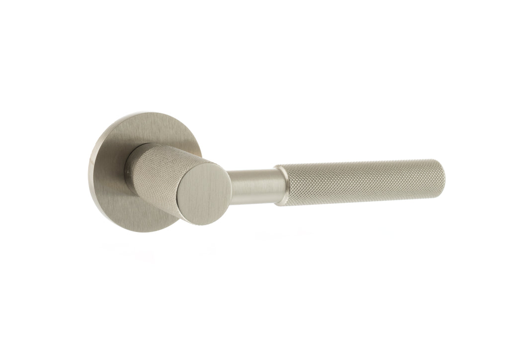 Millhouse Brass Mason Knurled Lever Door Handle on 5mm Slimline Round Rose - Satin Nickel