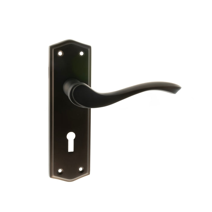 Old English Warwick Key Lever Door Handle on Backplate - Urban Dark Bronze