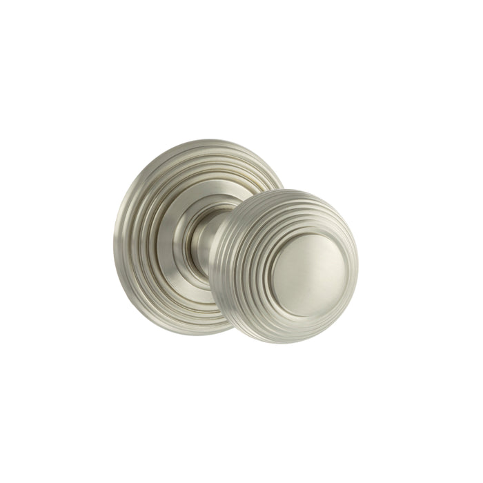 Old English Ripon Solid Brass Reeded Beehive Mortice Door Knob on Concealed Fix Rose - Satin Nickel