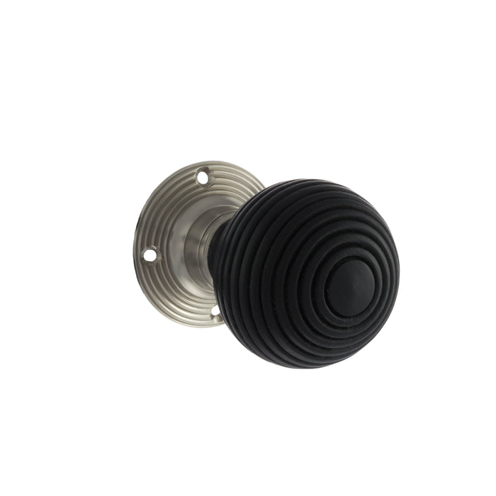 Old English Whitby Ebony Wood Reeded Beehive Mortice Knob on Face Fix Rose - Satin Nickel