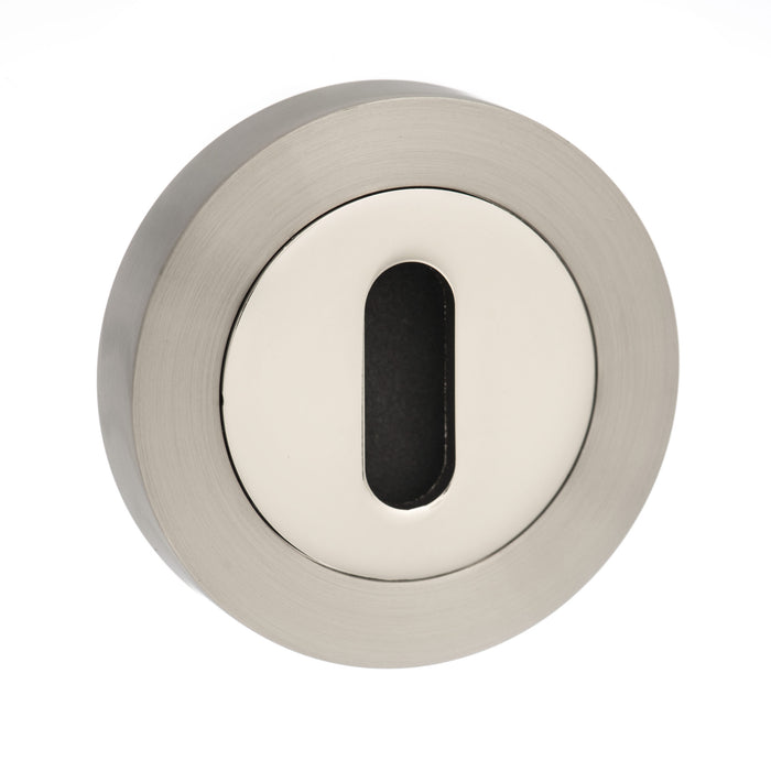 Senza Pari Key Escutcheons on Round Rose - Satin Nickel/Nickel Plate