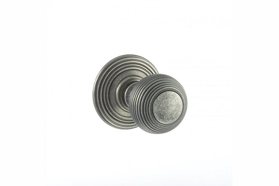 Old English Ripon Solid Brass Reeded Beehive Mortice Door Knob on Concealed Fix Rose - Distressed Silver