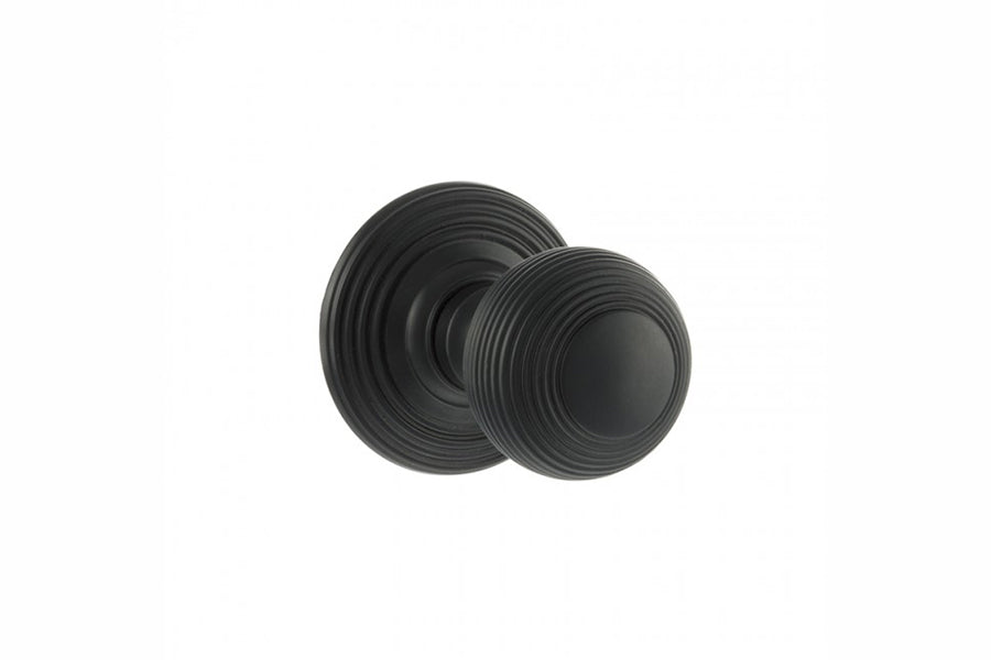 Old English Ripon Solid Brass Reeded Beehive Mortice Door Knob on Concealed Fix Rose - Matt Black