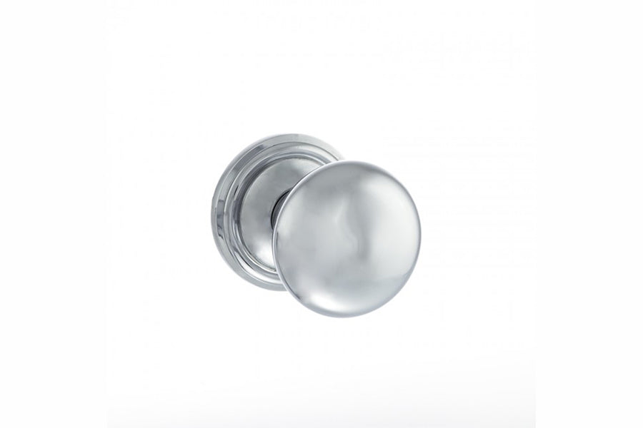 Old English Harrogate Solid Brass Mushroom Mortice Knob on Concealed Fix Rose - Polished Chrome