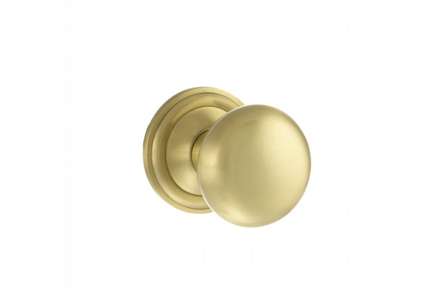 Old English Harrogate Solid Brass Mushroom Mortice Knob on Concealed Fix Rose - Satin Brass